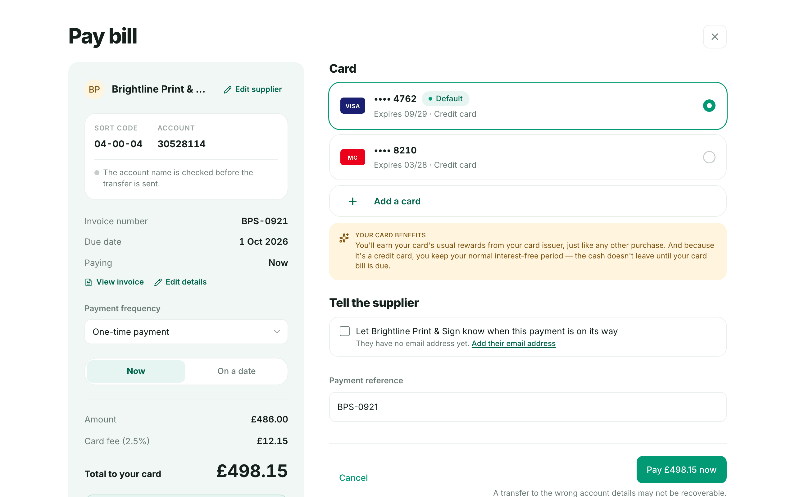 The Lendalypay review step: the bill, the card, the fee in pounds and pence, and the button that confirms it